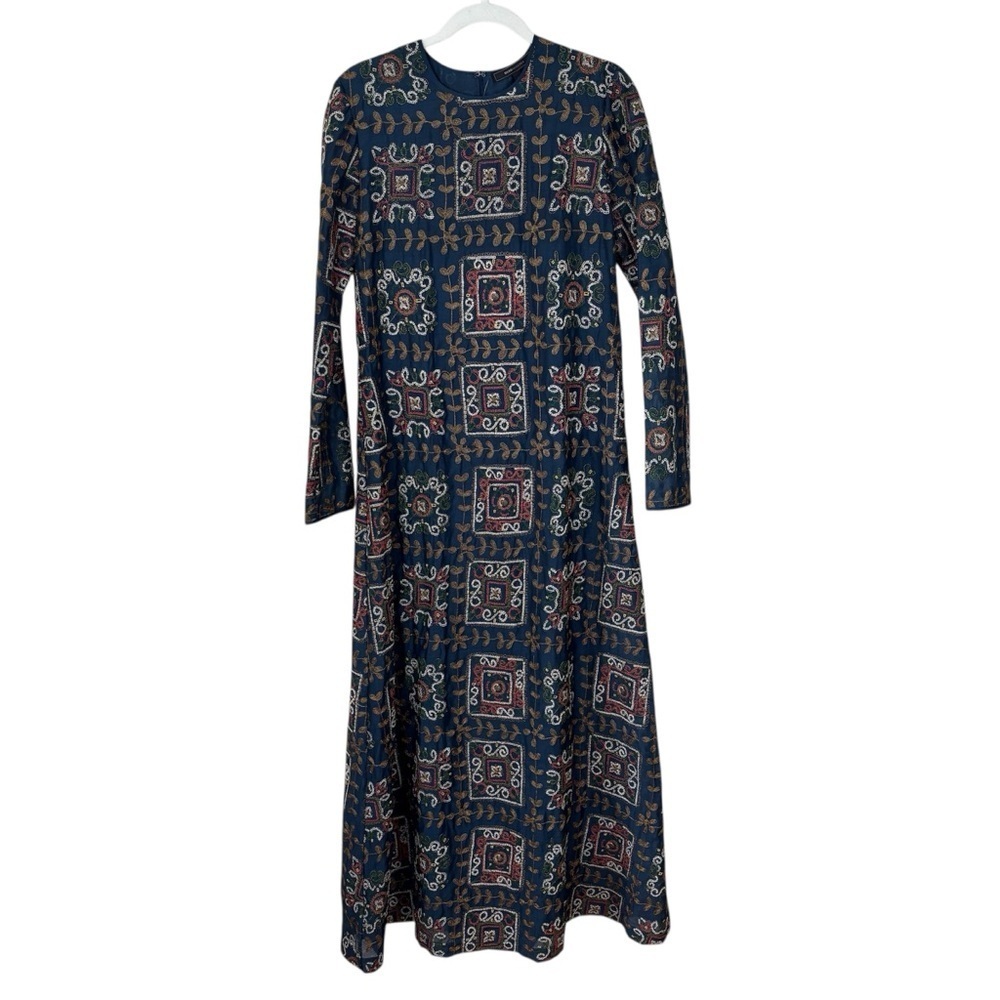 BCBG Maxazria Maxi Dress Womens Sz S Multicolor Embroidery Long Sleeve Blue Boho